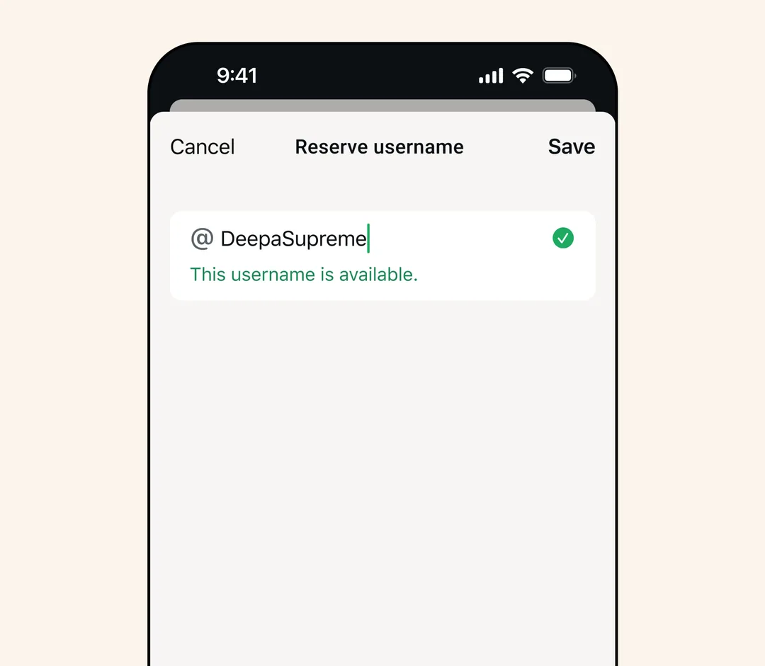 WhatsApp 官方示範 username 相關設定畫面