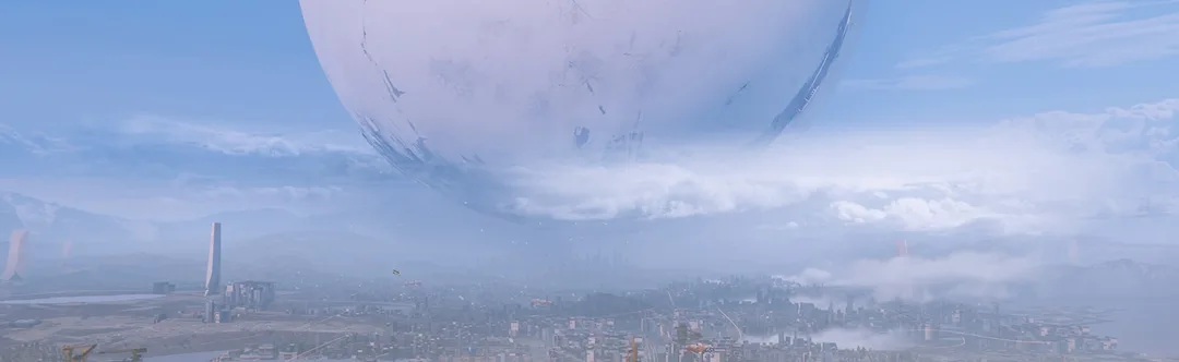 《Destiny 2》官方 press 圖，大型球體懸喺城市上空。