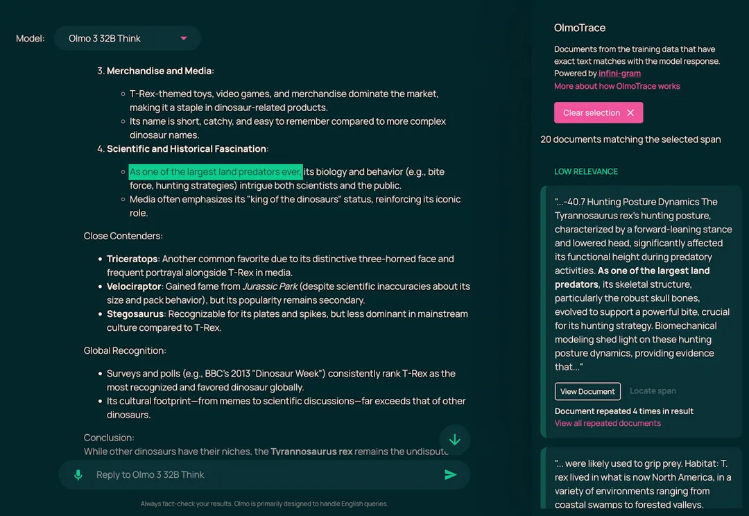Ai2 OlmoTrace 介面截圖，顯示模型回答同訓練資料關聯