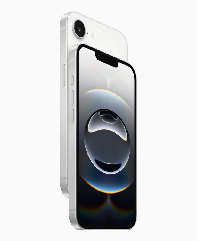 黑色同白色 iPhone 16e 並排展示,呢款手機首次用上 Apple 自研 C1 modem