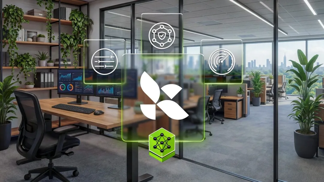 NVIDIA 官方 blog 配圖,辦公室場景上疊住 LangChain 同 Nemotron agent stack 概念圖。