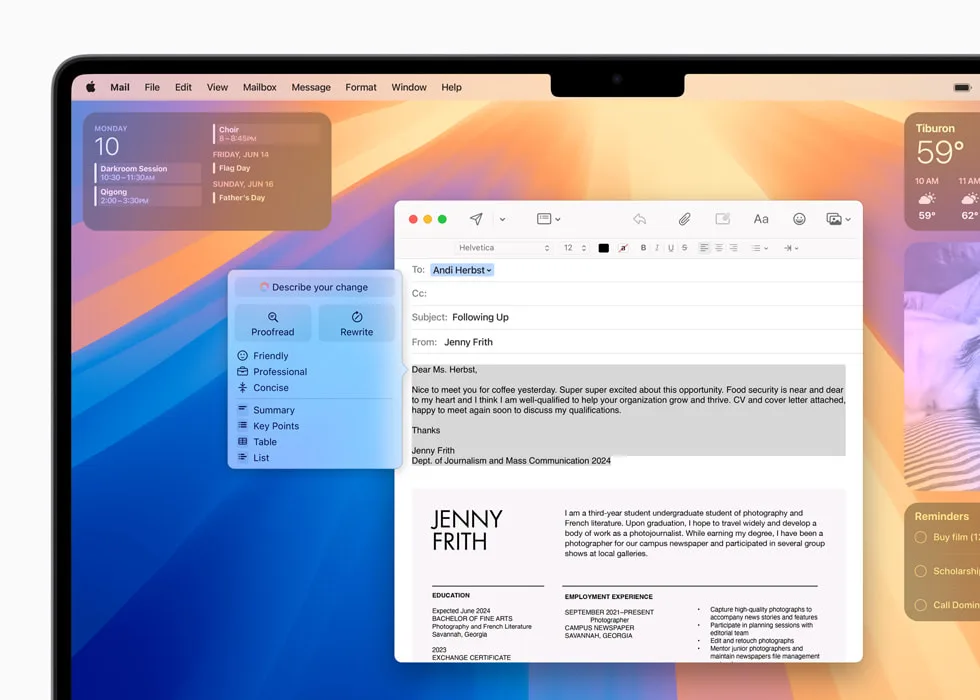 Apple Intelligence Writing Tools 喺 Apple 裝置上改寫文字嘅官方示意圖