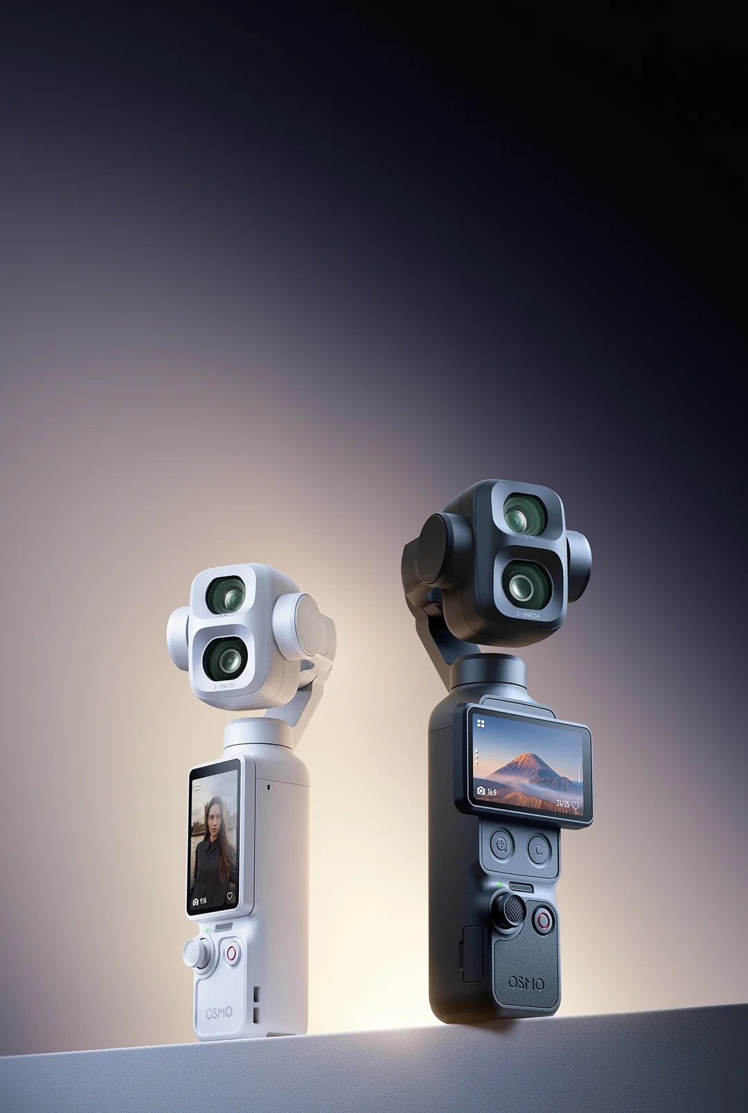 黑色同白色 DJI Osmo Pocket 4P 放喺檯面，機頭清楚見到上下雙鏡頭。