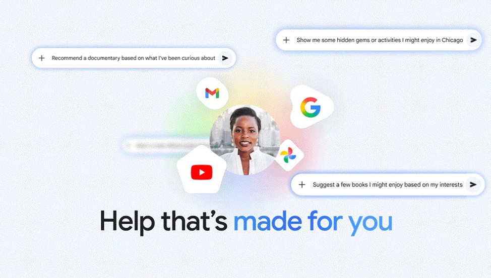 Gemini Personal Intelligence 連接 Gmail、Google Photos、YouTube 同搜尋服務嘅官方示意圖