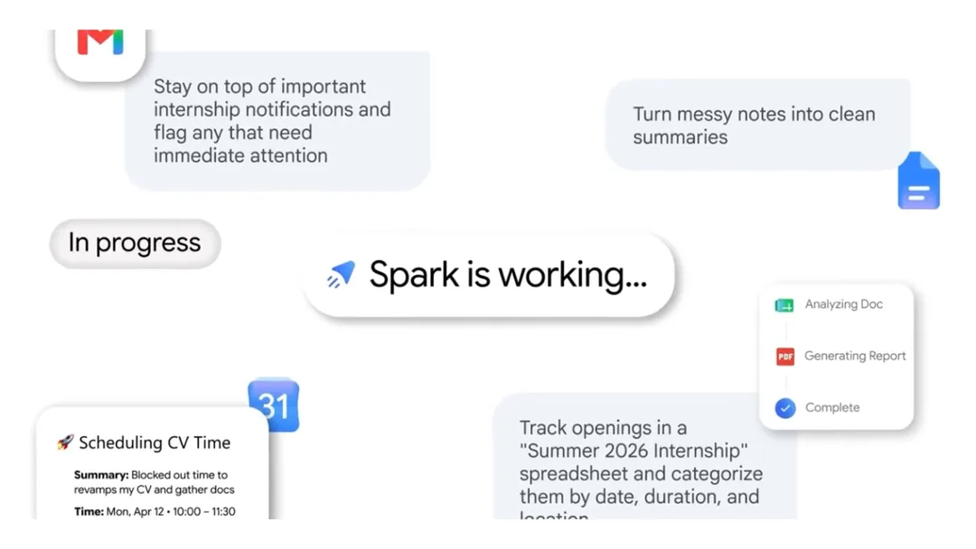 Gemini Spark 正喺背景處理 Gmail、Google Docs、Sheets 同 Calendar 任務嘅官方示意圖
