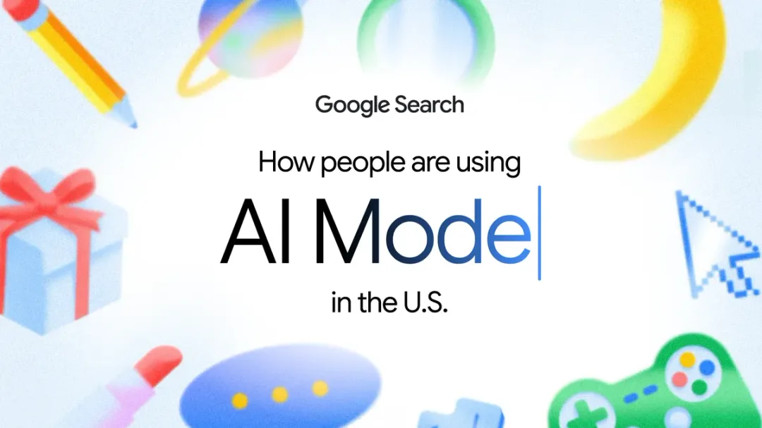 Google AI Mode 使用趨勢官方插圖,畫面有搜尋游標同多款圖案