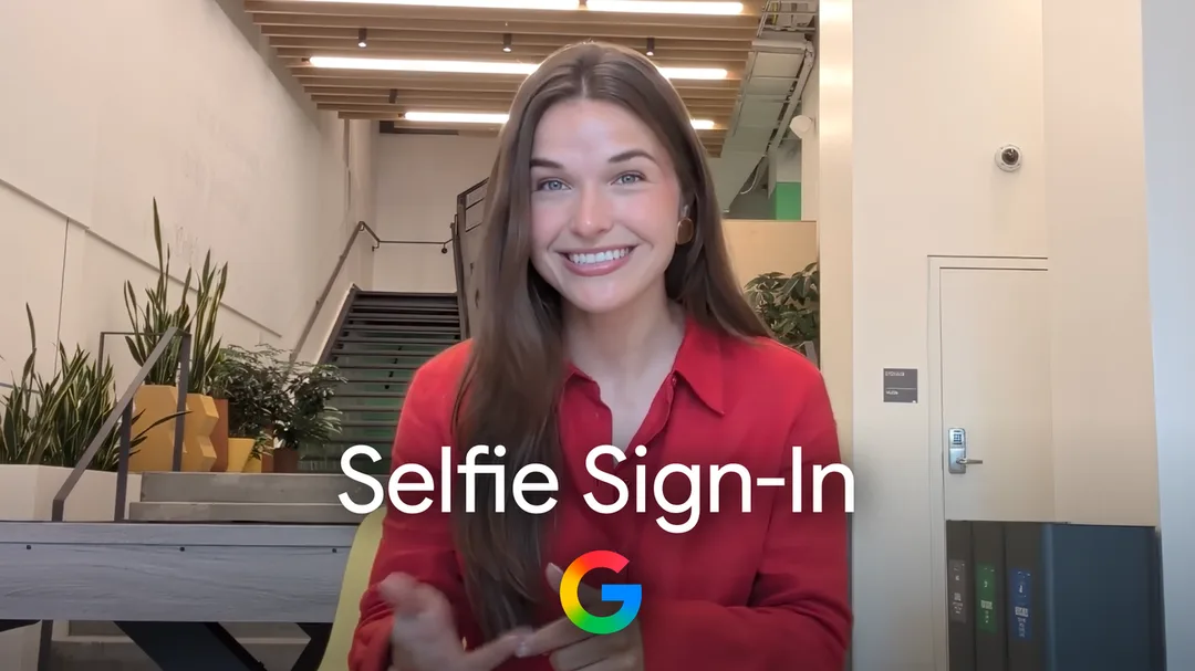 Google 自拍影片登入功能示意圖,畫面顯示用手機鏡頭拍攝人面作帳戶驗證
