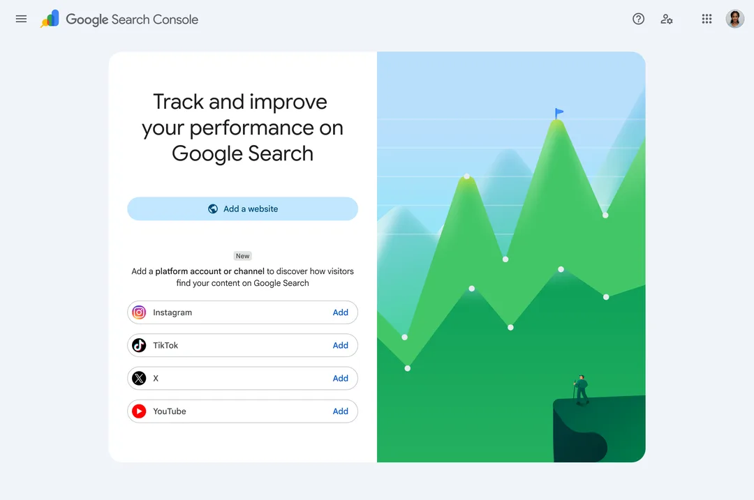 Search Console 加入平台屬性嘅驗證頁面,支援 Instagram、TikTok、X 同 YouTube