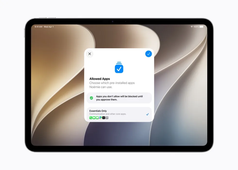 Apple 兒童帳戶設定畫面,家長可以揀小朋友一開始用到邊啲 app