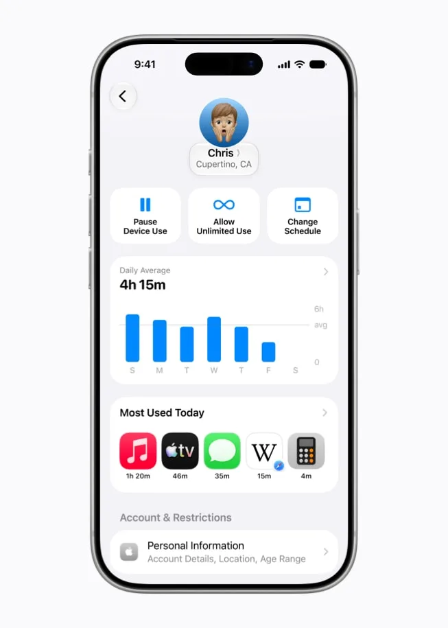 iPhone 顯示重新設計嘅 Screen Time 介面,包括每日平均使用時間同暫停裝置控制