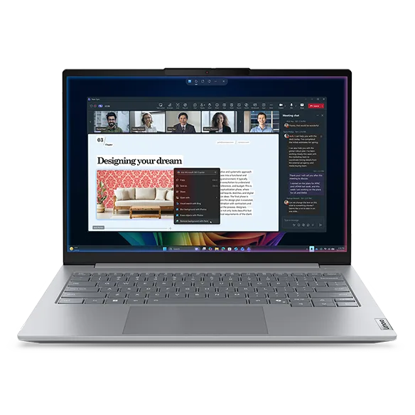 Lenovo ThinkBook 14 Gen 9 打開機身,畫面顯示視像會議同文件介面