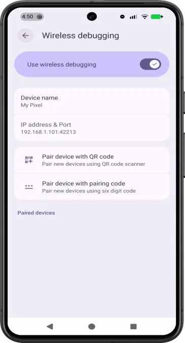 Android 開發人員選項入面嘅 Wireless Debugging 設定畫面