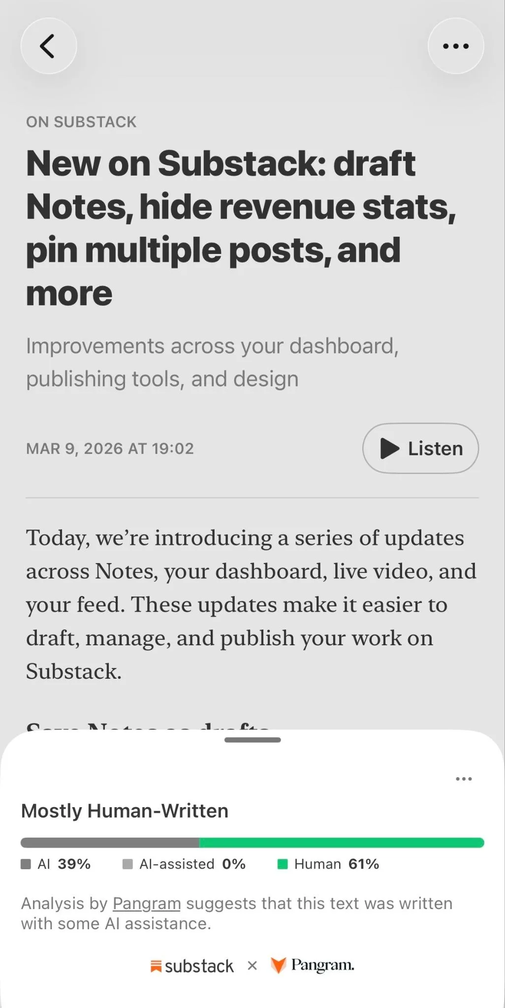 Substack iOS app 顯示文章人手同 AI 文字比例嘅掃描介面