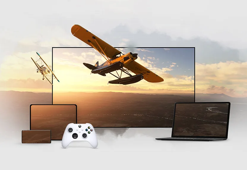 Xbox Game Pass 官方配圖,多個裝置顯示同一款遊戲畫面