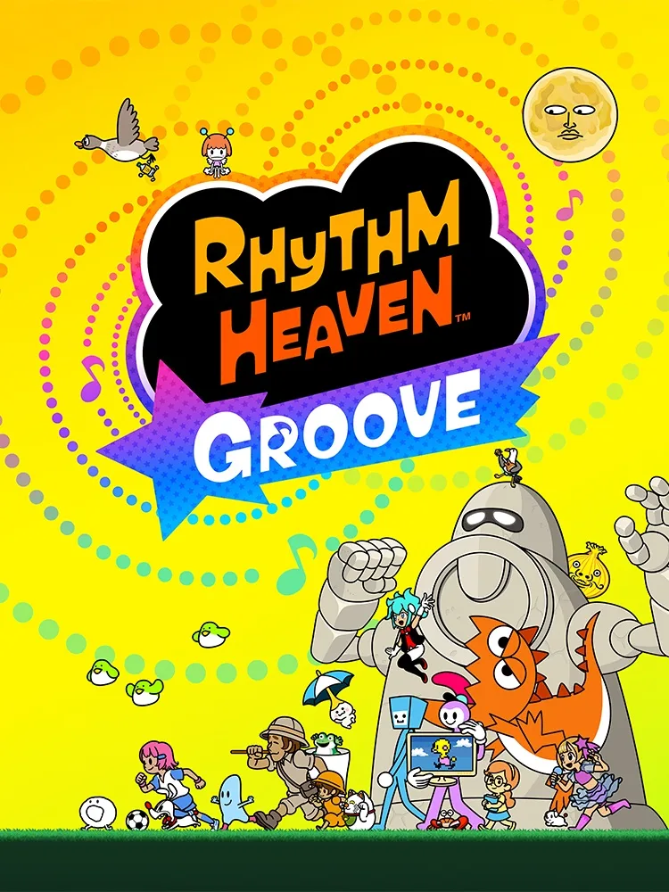 《Rhythm Heaven Groove》官方主視覺,有遊戲 logo 同多個角色喺黃色背景上