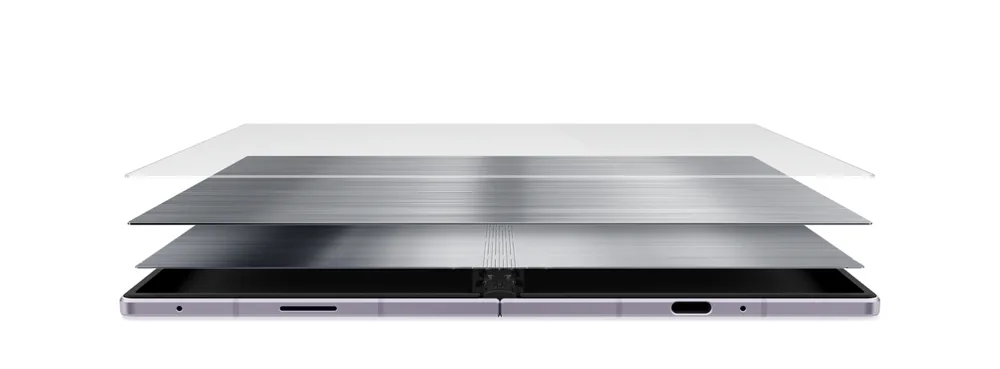 Galaxy Z Fold8 攤開後嘅屏幕分層同鉸位結構示意圖