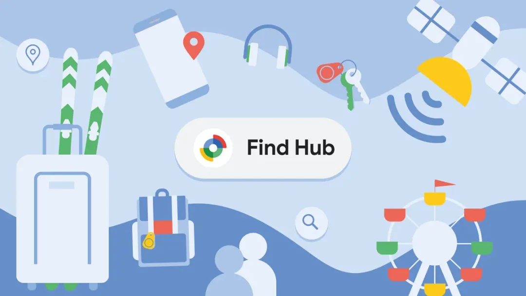 Google 官方 Find Hub 圖，畫面有手機、鎖匙同其他可追蹤物件