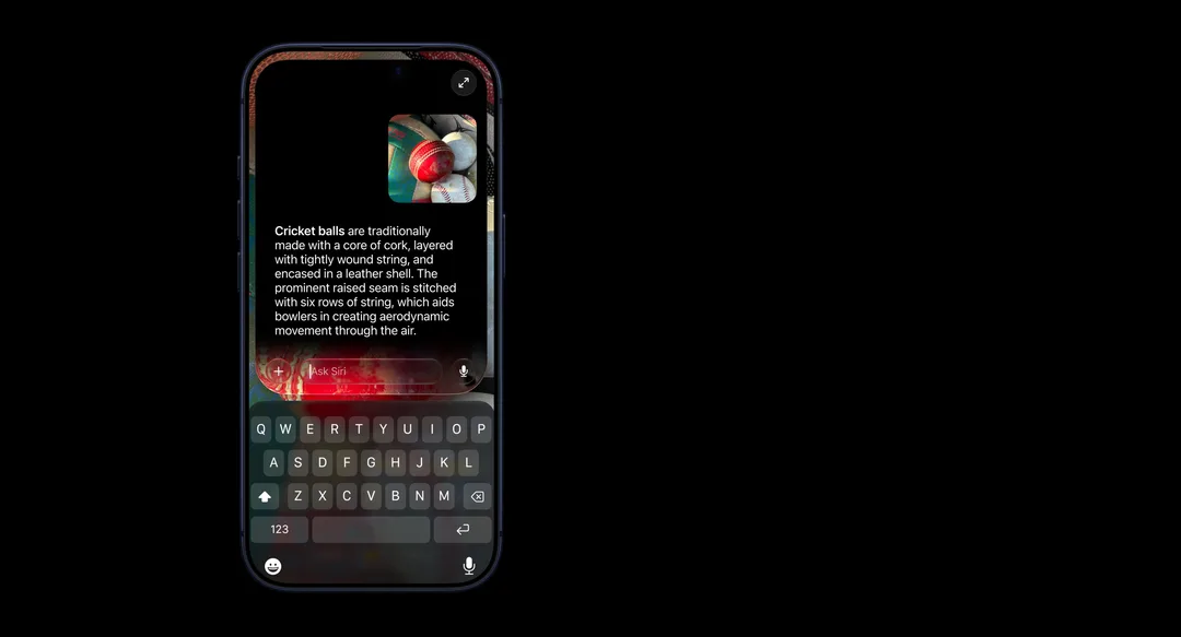 iPhone 畫面顯示 Siri AI 用視覺智能辨認木球並以英文回答問題