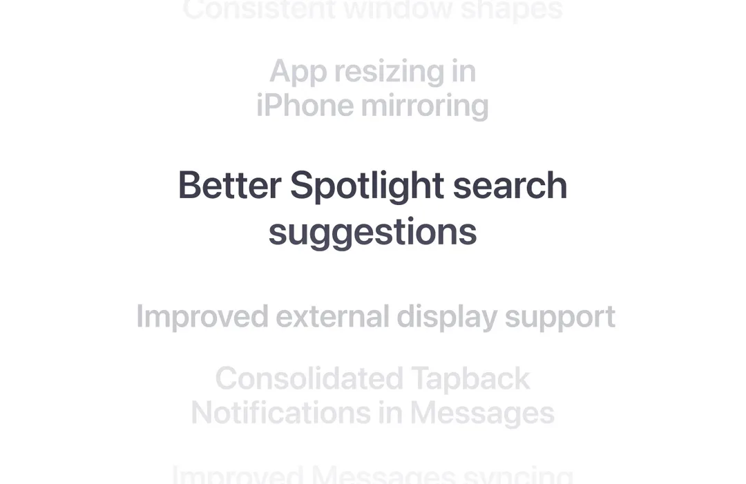 macOS 27 多項細節更新清單,畫面突出 Spotlight 搜尋建議改進