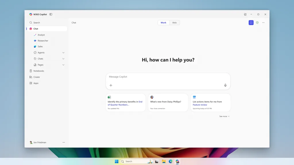Microsoft 365 Copilot app 介面,顯示聊天同工作分頁