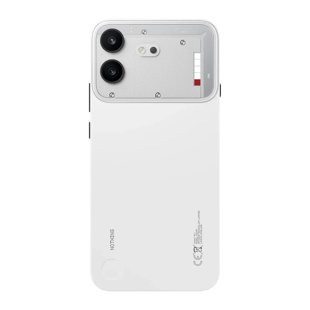 白色 Nothing Phone (4b) 背面產品圖，見到雙鏡頭同 Glyph Bar