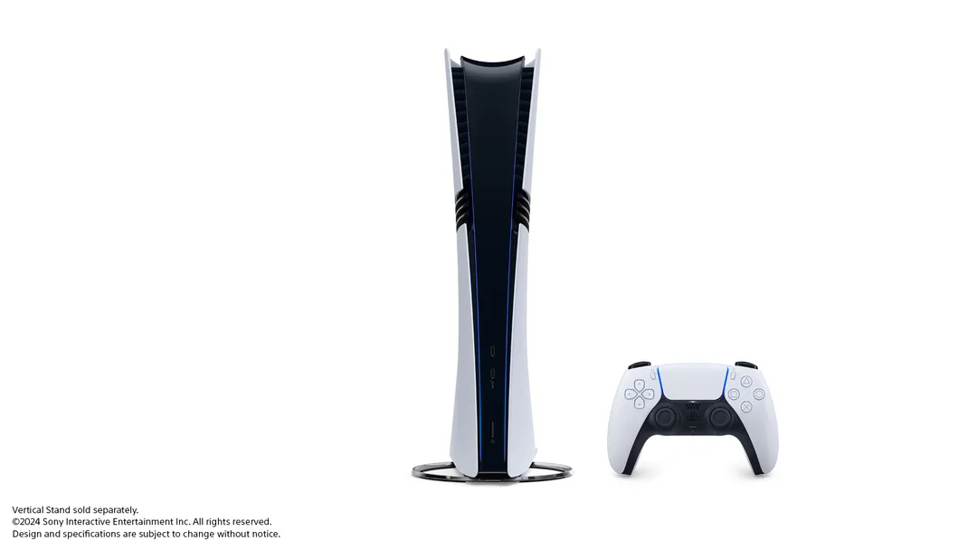 PS5 Pro 主機同 DualSense 控制器官方產品圖，主機前方未見內置光碟槽。