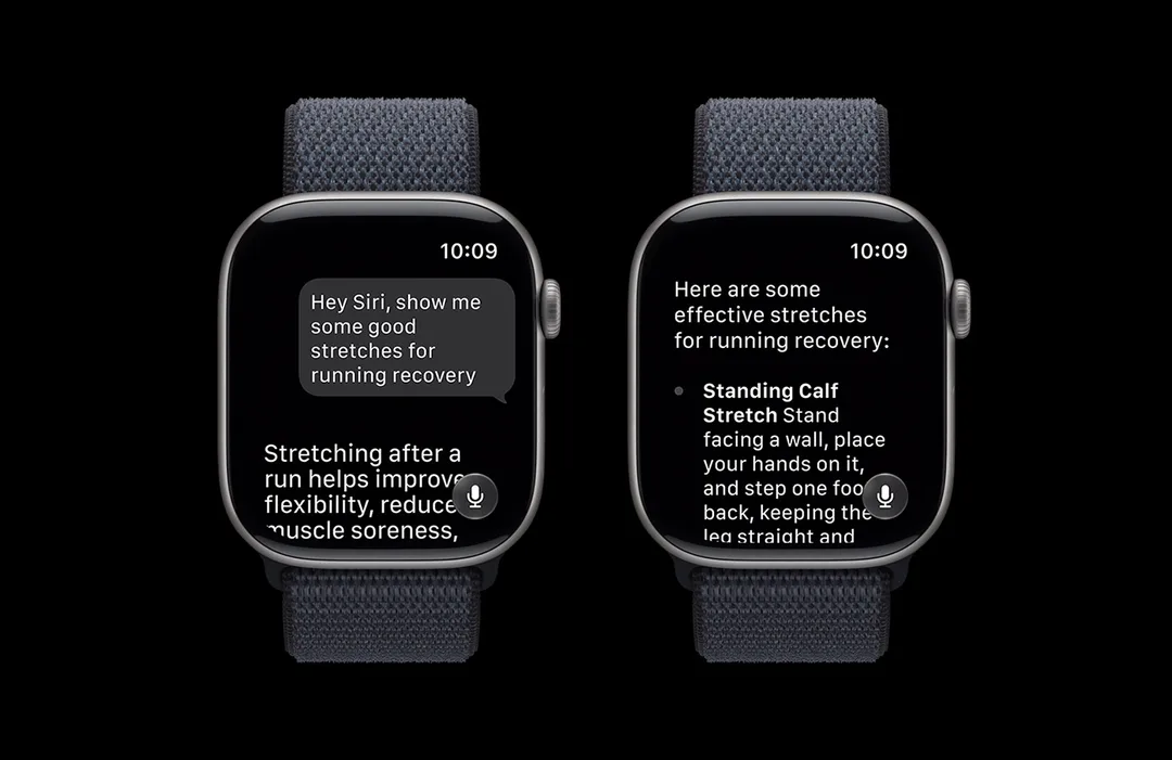 灰色 Apple Watch Series 11 顯示 Siri AI 健身訓練對話