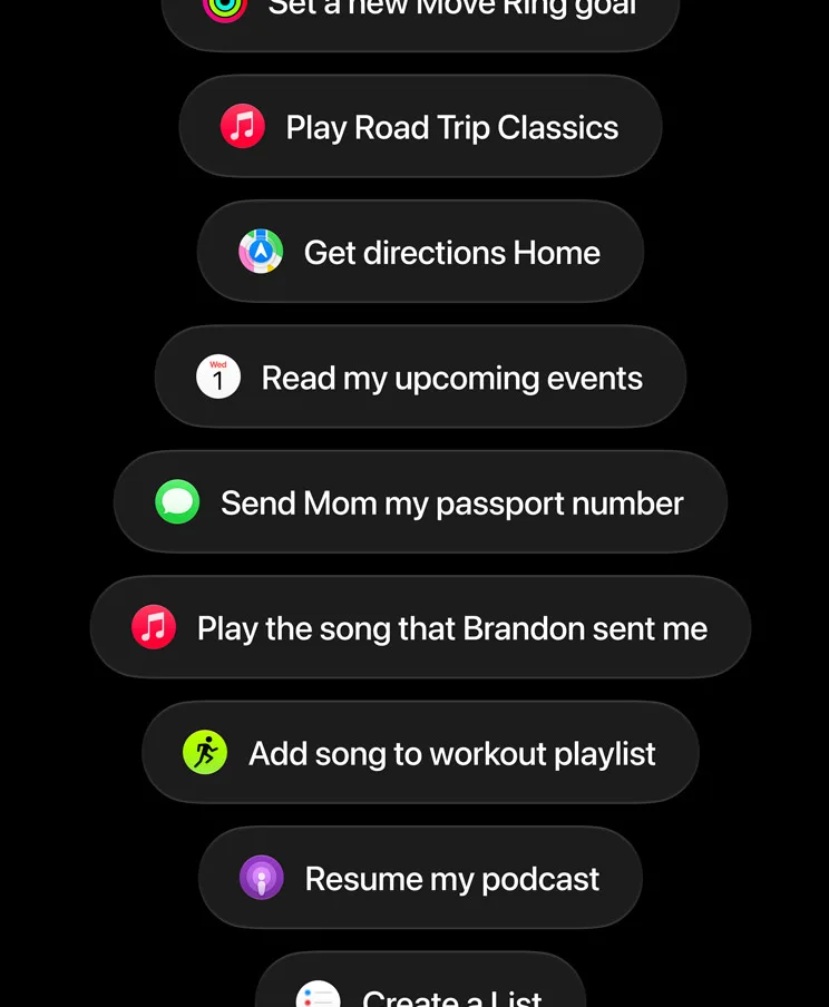 Apple Watch 顯示 Siri AI 播歌、導航、讀取行程同傳送電郵等 app 操作