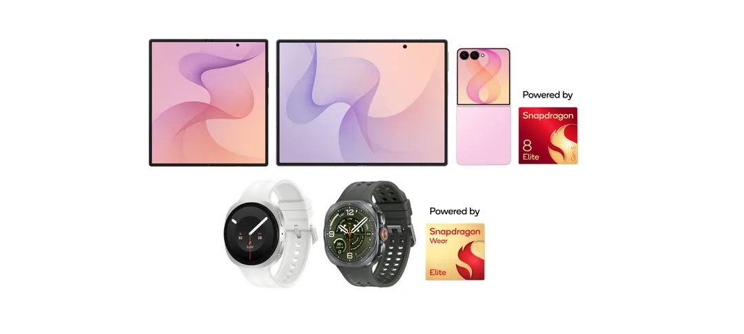 Samsung 新一代摺機同手錶並排展示,旁邊標示所用 Snapdragon 平台