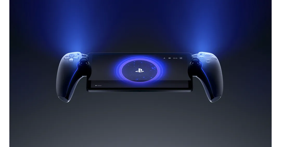 白色 PlayStation Portal 懸喺深藍背景前,屏幕顯示 PlayStation 圖案