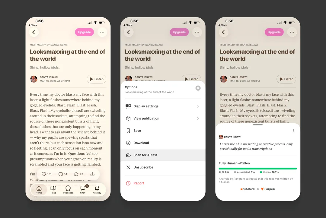 Substack iOS app 示範由三點選單啟動 AI 文字掃描,再顯示 Pangram 分析結果