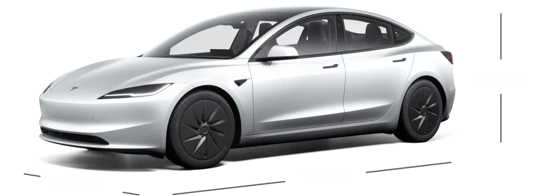 白色 Tesla Model 3 側面規格圖,標示車身尺寸