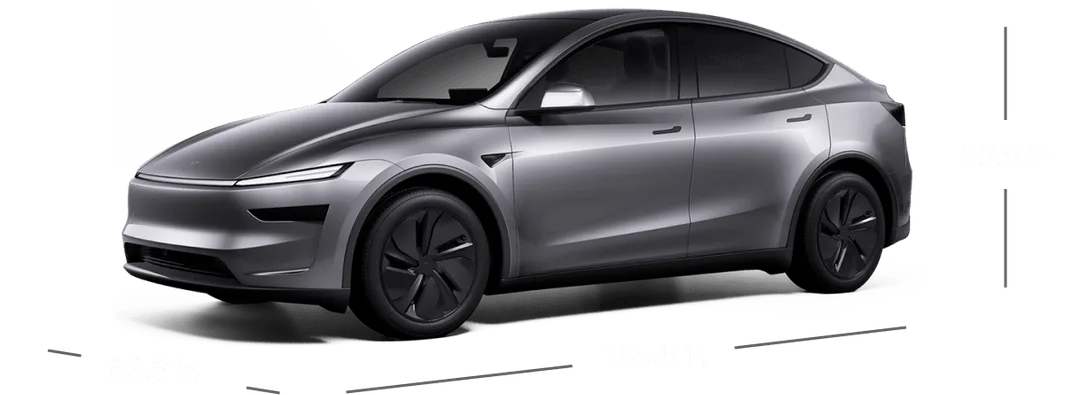 灰色 Tesla Model Y 側面規格圖,標示車身尺寸