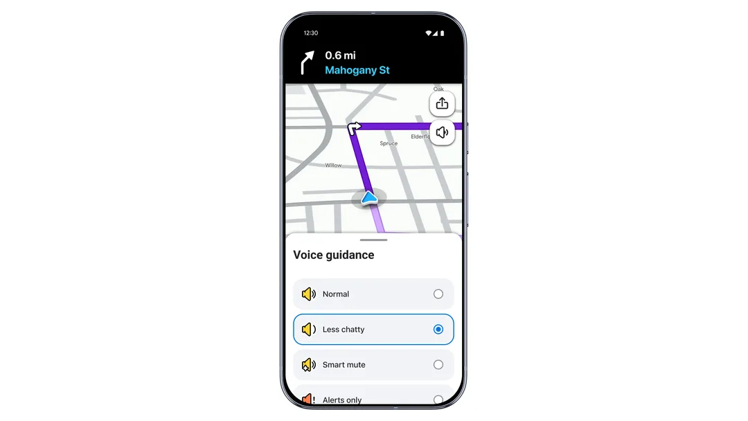 Waze 語音導航設定畫面,揀咗 less chatty 少提示模式