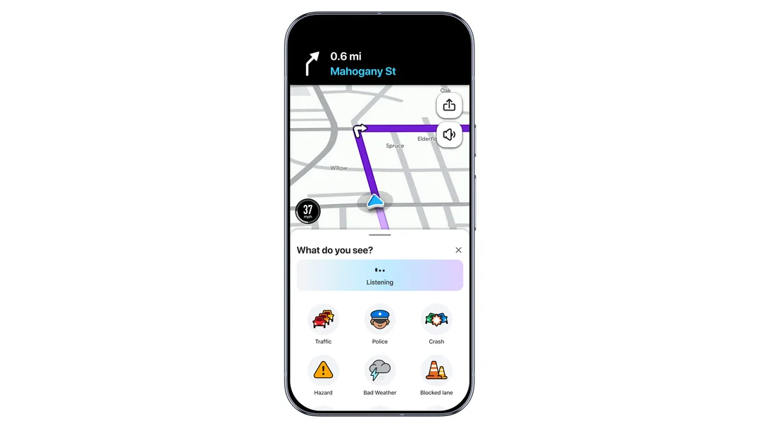 Waze 語音回報畫面,用自然語句提交地圖更新
