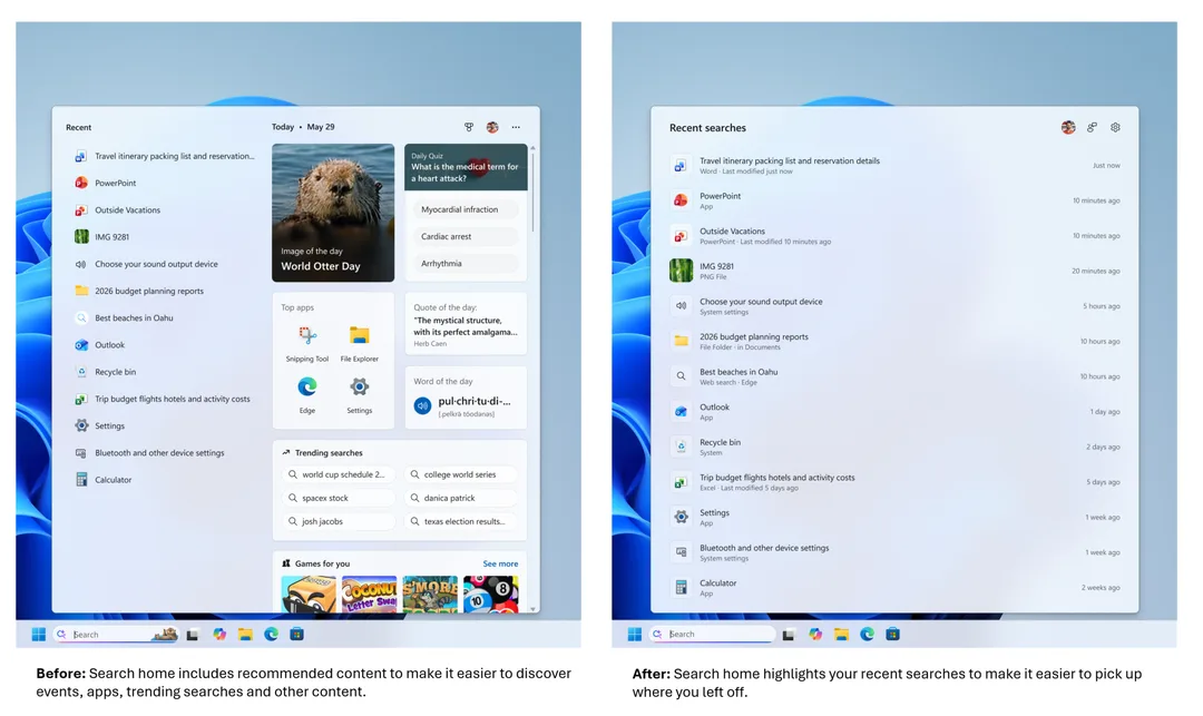 Windows 11 新舊 Search Home 對比,舊版有多款推薦卡片,新版集中顯示近期搜尋