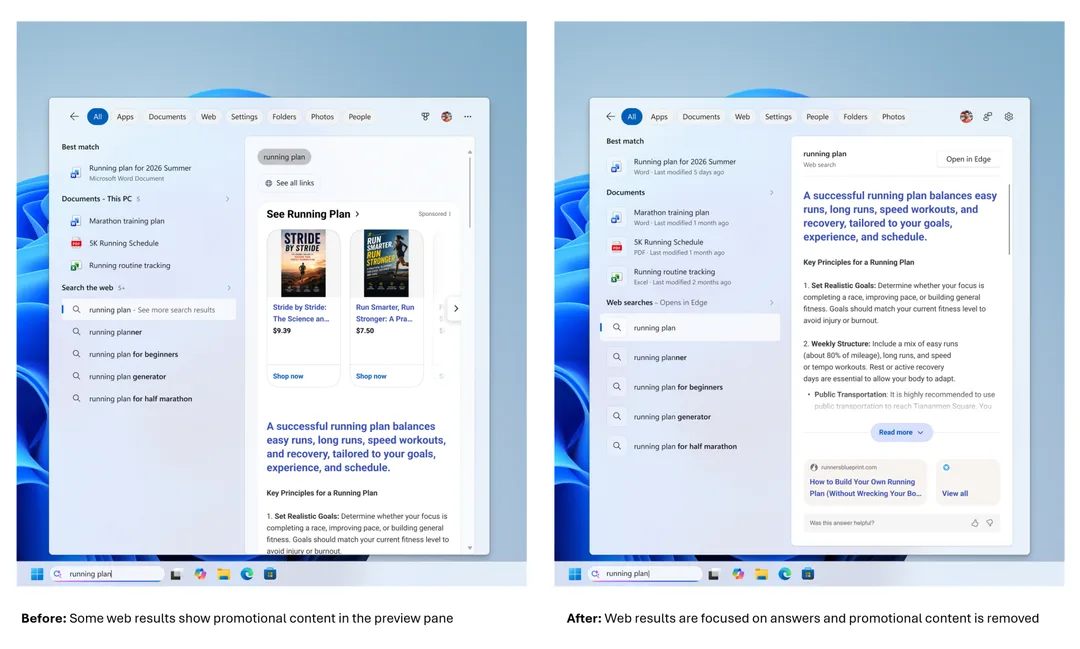 Windows 11 網上搜尋結果移除產品推廣內容前後對比