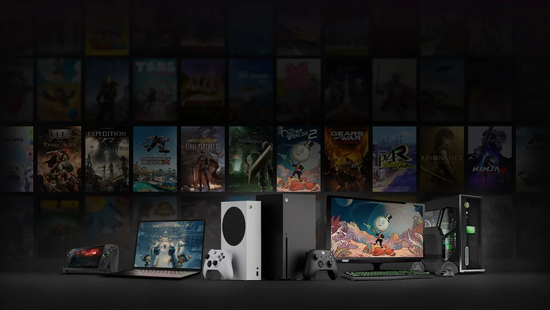 Xbox Play Anywhere 官方圖,顯示主機、PC、掌機同遊戲封面