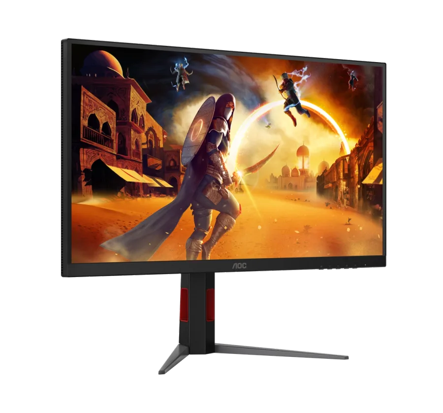 AOC U27G4XM 正面斜角產品圖，屏幕顯示遊戲畫面