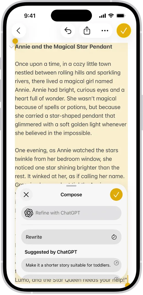 iPhone 畫面顯示 Apple Intelligence Writing Tools 入面嘅 ChatGPT 選項