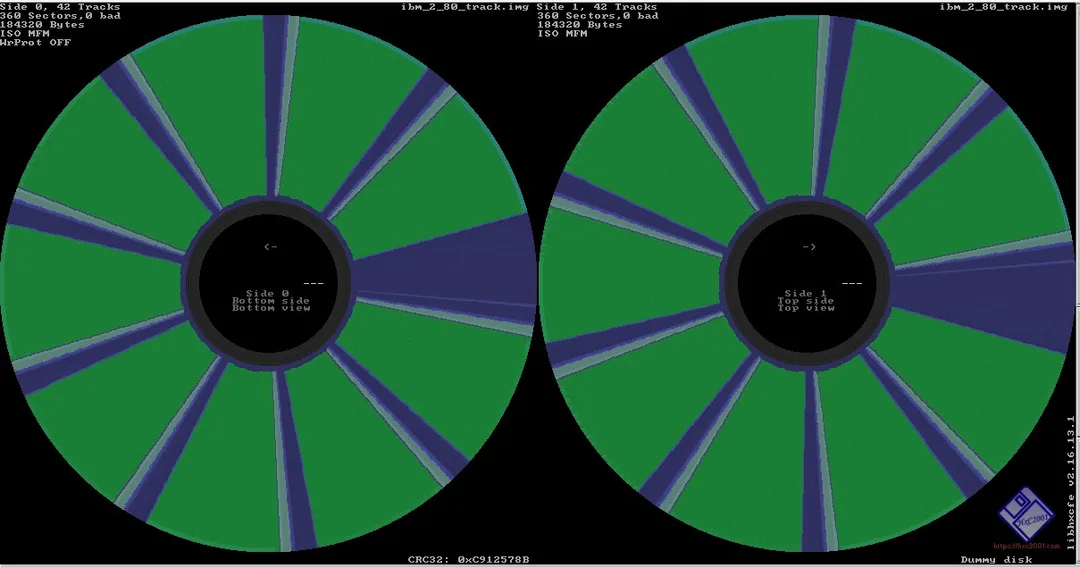 HxC Floppy Emulator 視覺化磁碟 track 嘅截圖,顯示兩面磁碟資料分佈