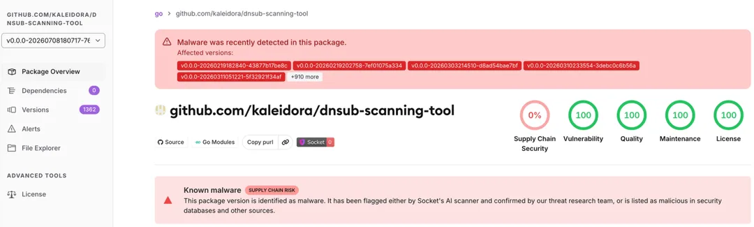 Socket package 頁截圖，顯示 dnsub-scanning-tool 俾標記有 malware alert 同大量版本