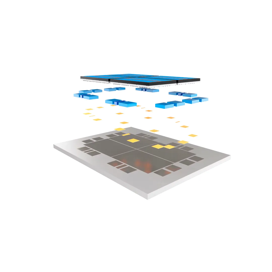 Intel Foveros 3D chiplet 封裝示意圖,顯示上下層晶片點樣疊起同連接