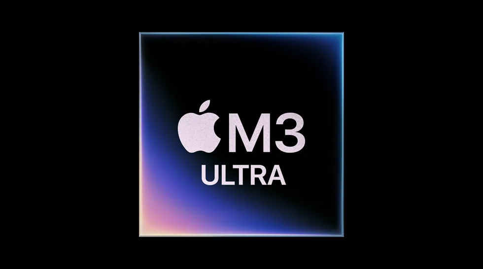 深色背景上嘅 Apple M3 Ultra 晶片官方概念圖