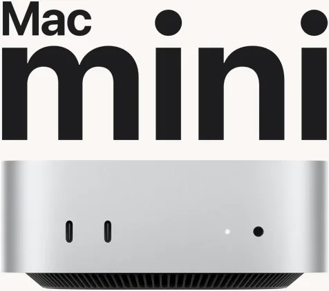 銀色 Mac mini 正面,機身前方有兩個 USB-C 接口同耳機插口