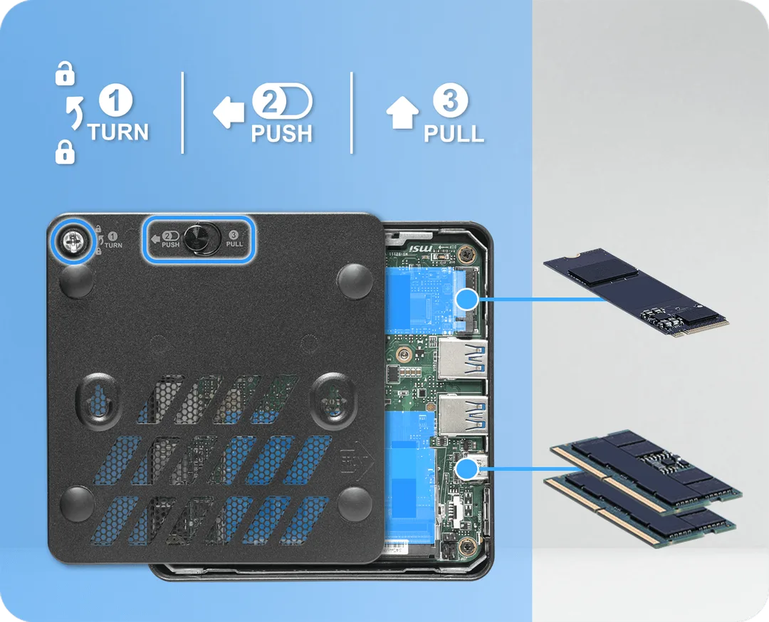 MSI Cubi NUC AI+ 3MG 打開底蓋後嘅免工具維護設計
