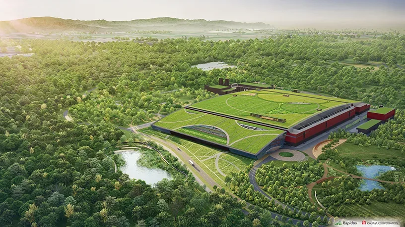 Rapidus IIM-1 北海道千歲廠區嘅官方構想圖,廠房坐落喺綠化地帶入面