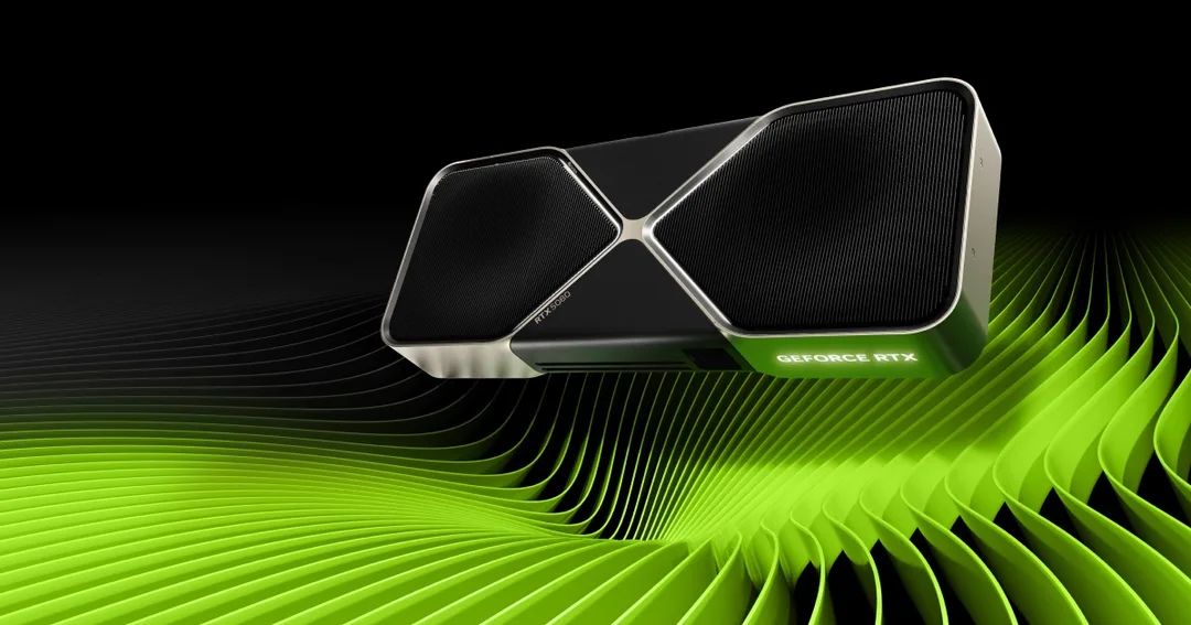 Nvidia GeForce RTX 5080 官方產品圖,黑色顯示卡放喺深色背景前