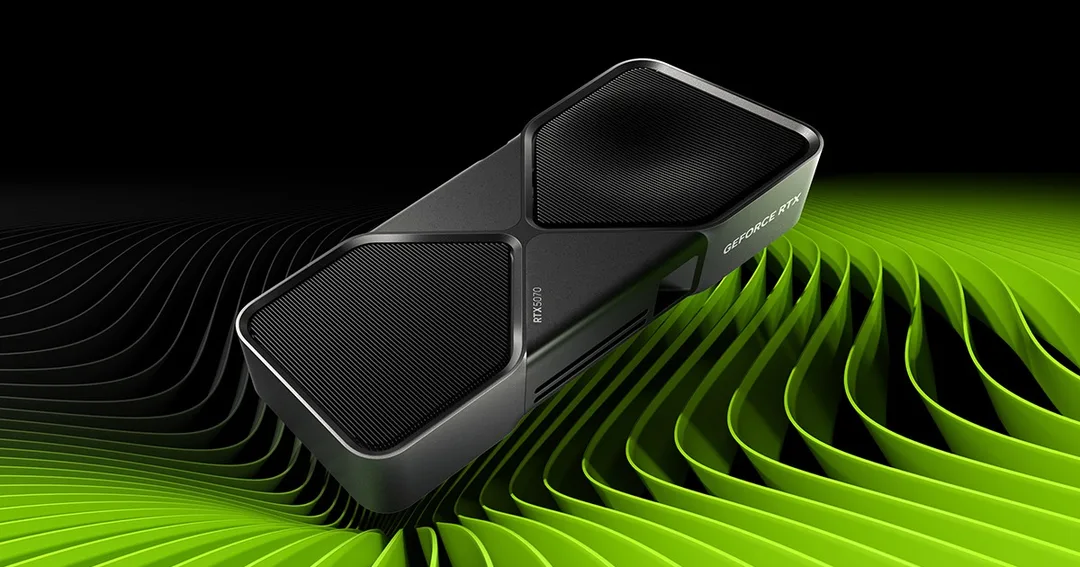 Nvidia 官方 RTX 5070 Ti 產品圖，展示 RTX 50 系列中高階顯示卡