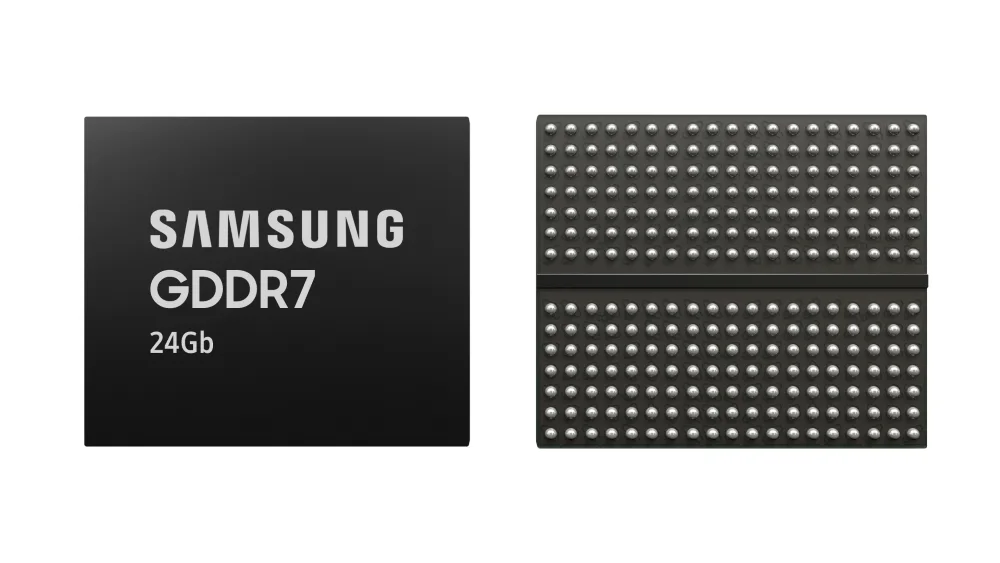 Samsung 24Gb GDDR7 記憶體晶片官方圖，對應 3GB GDDR7 module 背景
